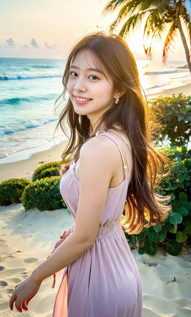 (Best quality,4K,8K,High-resolution,Masterpiece:1.2), Ultra-detailed,(Realistic,Photorealistic,Photo-realistic:1.37), Impressionist
A beautiful woman in her mid-20s with a radiant smile, standing by the beach. She has long, wavy brown hair flowing in the gentle breeze, and she is wearing a light, flowing sundress in soft pastel colors. The sun is setting, casting a warm golden glow on her skin. The background is blurred to keep the focus on her, with only hints of the ocean waves and a few palm trees swaying in the distance. She exudes a carefree, joyful summer vibe.