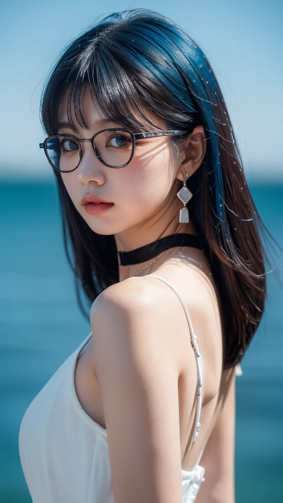8k wallpaper, masterpiece, Cinema Lighting, Highest quality, figure, Elevation, ((color: 1.1)), ((color inner hair: 1.4)), One girl, alone, Long Hair, water, blue eyes, Black glasses, choker, Lips parted, white choker, Liquid Hair, Black Hair, bangs, from ~ side, ~ side, Upper Body, Simple Background, 灰colorの背景, Exposing shoulders, Portraiture, Looking at the audience, White Dress, Hair between the eyes, 白colorの背景, Earrings,