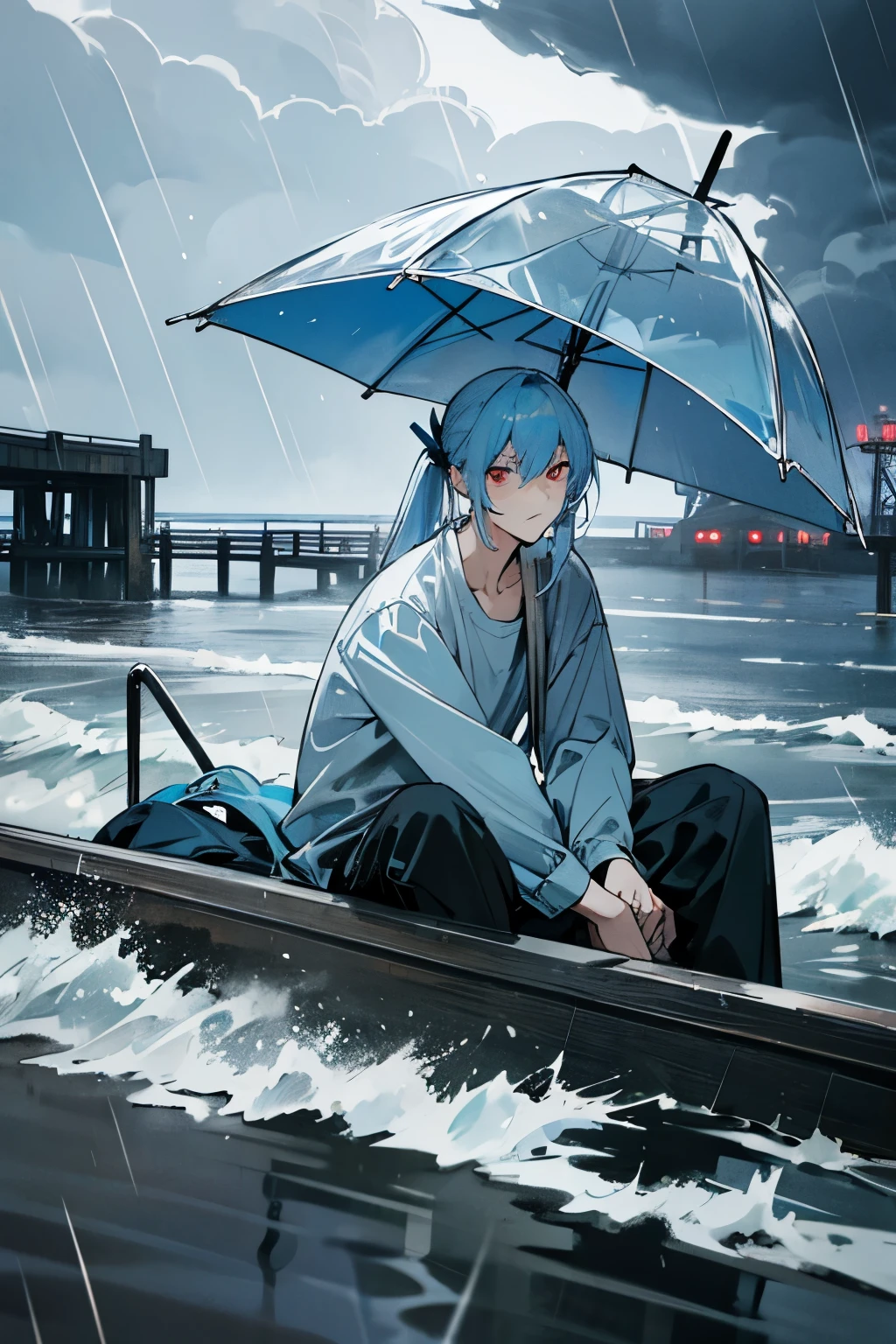 A man with light blue hair, red eyes on the right and blue eyes on the left, long hair with a short ponytail, a long-sleeved shirt, tall, handsome, on the seaside of rain and storm, cool, sharp face, focus on the face, sitting on the dock