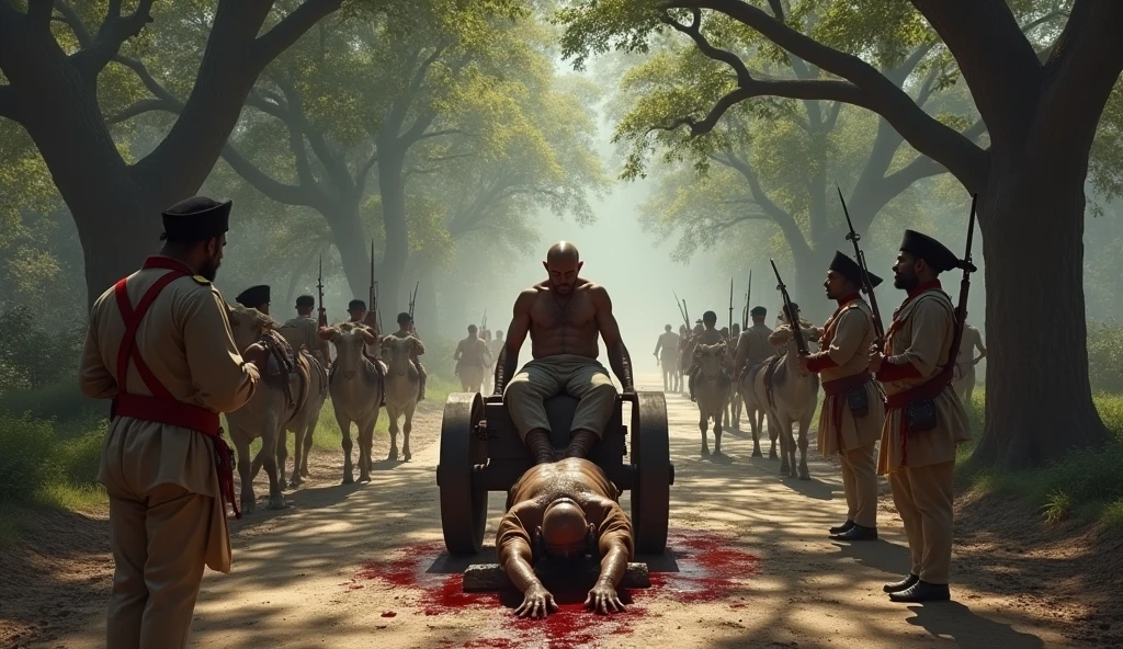 A bald middle aged dead Indian man with a thick moustache with musket wounds all over his body is being tied to the wooden cannon carriage pulled by two Indian bullocks. British East India soldiers standing on both the sides of the mud road surrounded by old trees of India