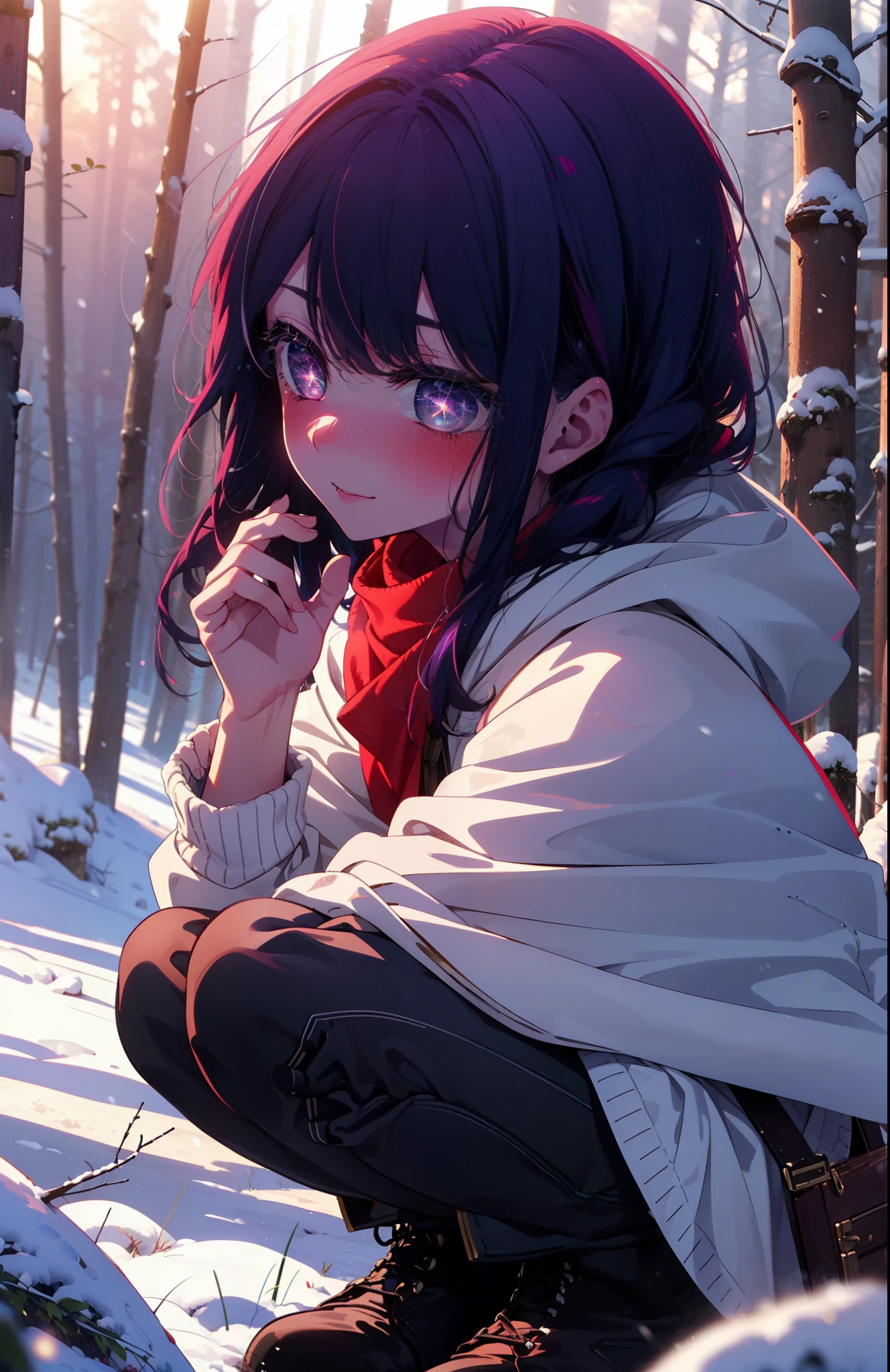 aihoshino, Ai Hoshino, Long Hair, bangs, (Purple eyes:1.1), Purple Hair, (Symbol-shaped pupil:1.5), smile,,smile,blush,white breath,
Open your mouth,snow,Ground bonfire, Outdoor, boots, snowing, From the side, wood, suitcase, Cape, Blurred, , forest, White handbag, nature, Squat, Mouth closed, Cape, winter, Written boundary depth, Black shoes, red Cape break looking at viewer, Upper Body, whole body, break Outdoor, forest, nature, break (masterpiece:1.2), Highest quality, High resolution, unity 8k wallpaper, (shape:0.8), (Beautiful and beautiful eyes:1.6), Highly detailed face, Perfect lighting, Extremely detailed CG, (Perfect hands, Perfect Anatomy),