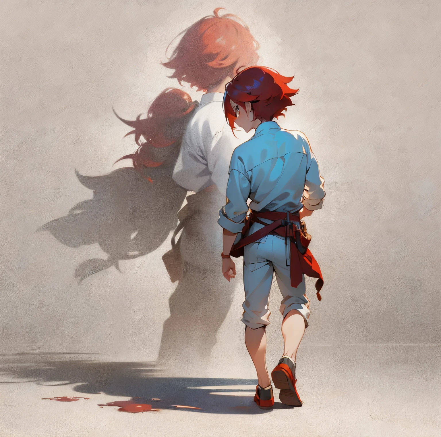boy, whole body, Back view, Manga style, Chibi Style, cute, Beautiful Face, High detail skin, High quality skin, Red color hair, White clothes, Professional Lighting, Real Shadows, masterpiece,