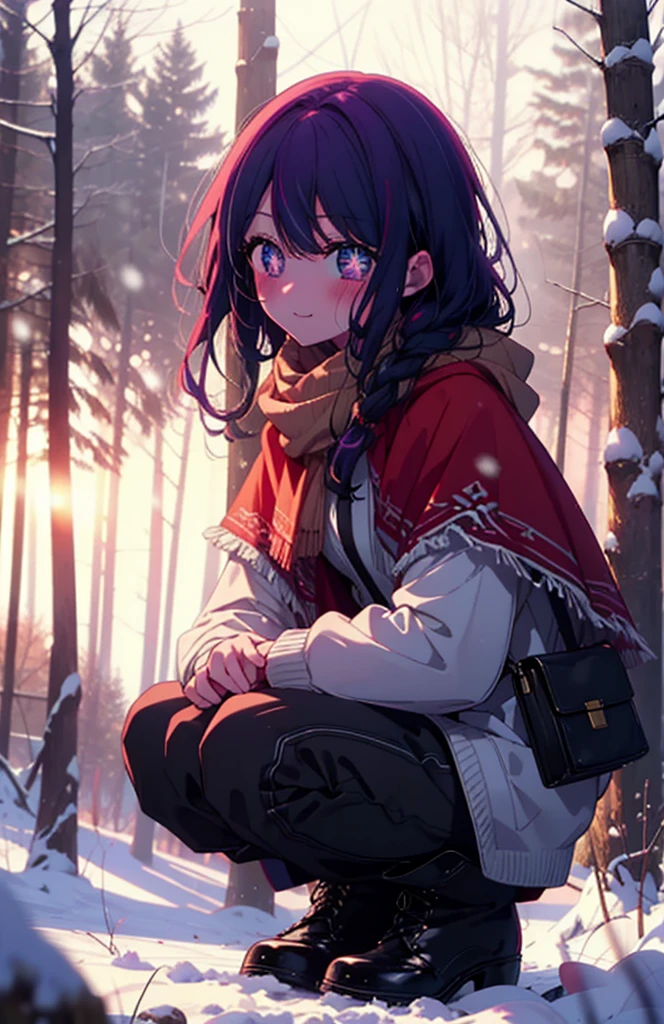 aihoshino, Ai Hoshino, Long Hair, bangs, (Purple eyes:1.1), Purple Hair, (Symbol-shaped pupil:1.5), smile,,smile,blush,white breath,
Open your mouth,snow,Ground bonfire, Outdoor, boots, snowing, From the side, wood, suitcase, Cape, Blurred, , forest, White handbag, nature, Squat, Mouth closed, Cape, winter, Written boundary depth, Black shoes, red Cape break looking at viewer, Upper Body, whole body, break Outdoor, forest, nature, break (masterpiece:1.2), Highest quality, High resolution, unity 8k wallpaper, (shape:0.8), (Beautiful and beautiful eyes:1.6), Highly detailed face, Perfect lighting, Extremely detailed CG, (Perfect hands, Perfect Anatomy),