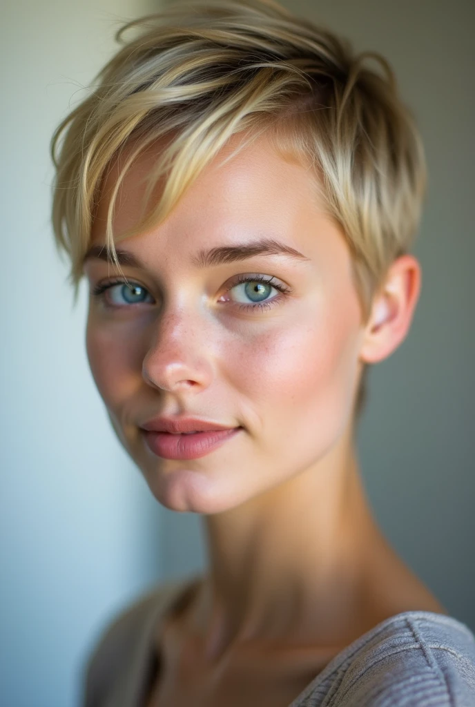 A 24-year-old Caucasian woman with short, blonde pixie cut, fair skin, light blue eyes