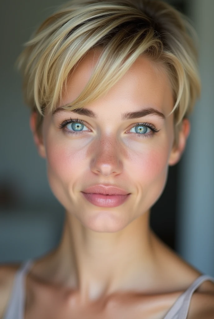 A 24-year-old Caucasian woman with short, blonde pixie cut, fair skin, light blue eyes