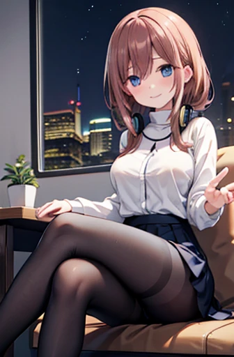 1 girl, alone, miku nakano, Medium Hair, Brown Hair, blue eyes, Mature Woman, smile, Captivating look, Sexy posture, Blue headphones around the neck, Beige shirt, Long sleeve, Turtleneck shirt, Navy blue dress, Sundress, Black Pantyhose, Black high heels, living room, Sitting, Sitting in an armchair, Good lighting, night, Opening a window, Crossing your legs, Large Breasts, Medium Waist, Medium Hips, wide thighs,