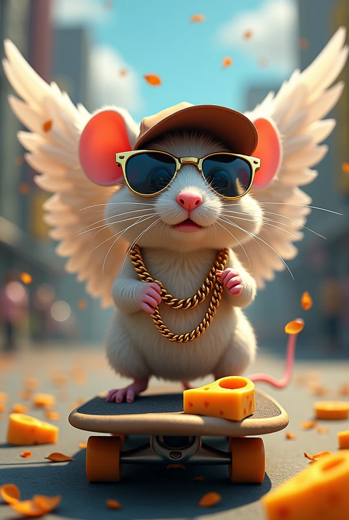 mouse,sunglasses ,Gold chain, Cheese,Skateboard,Urban, Angel wings,baseball cap