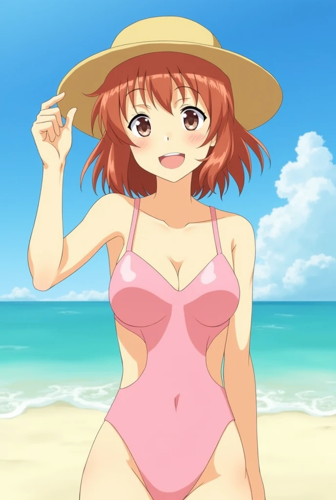 Shouko Nishimiya from A Silent Voice at the Beach. She is wearing a summer hat and a swimming suit. She is smiling happy and one of her hand is holding the hat. Background at the beach.