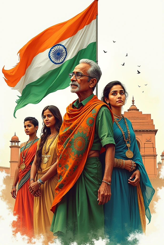 Indian Hindub family with Indian flag
