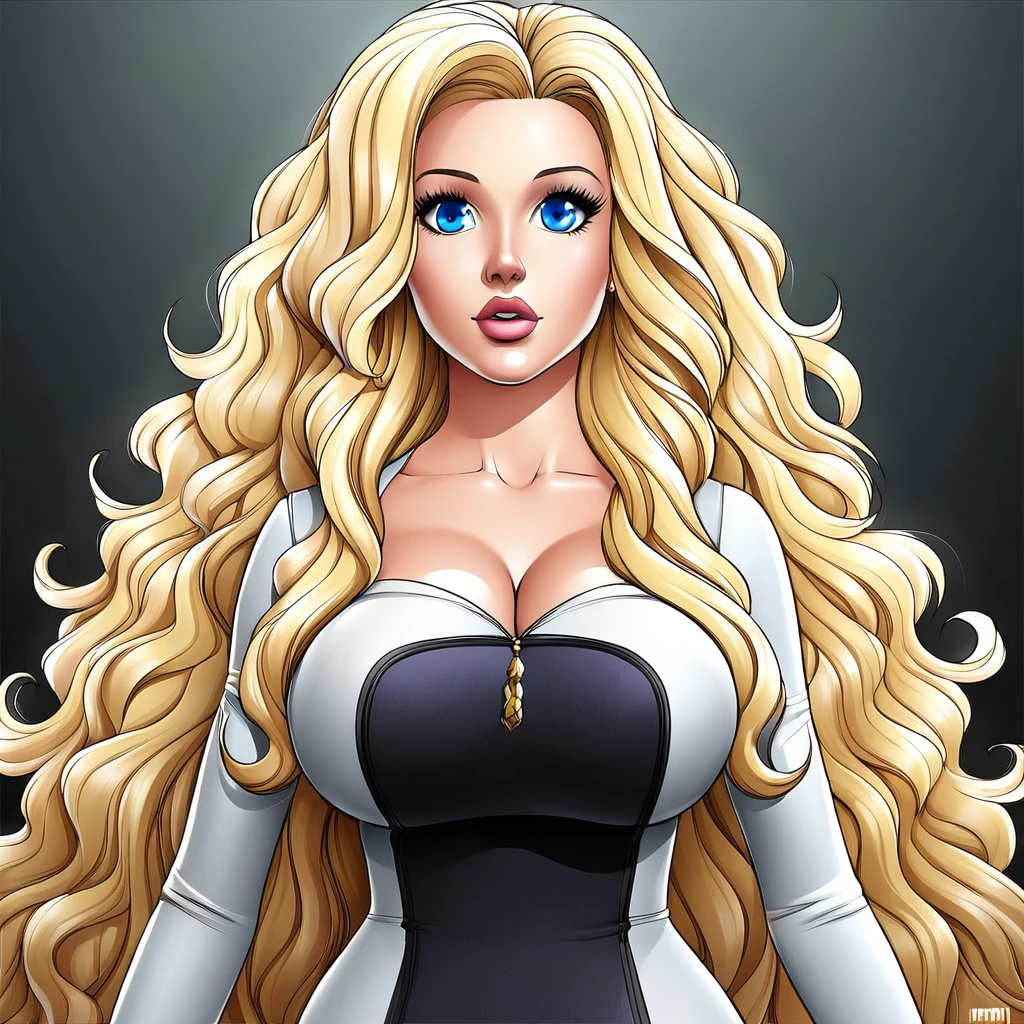 Tall Mature Women With Long blonde curly hair and Dark Blue Eyes , With Long black Eyelashes , Wearing Half sleeve White dress , Half portrait, Big chest , Hyper detailed eyes , hugh resolution, High quality, 4kHd , Masterpiece, pinl Lips