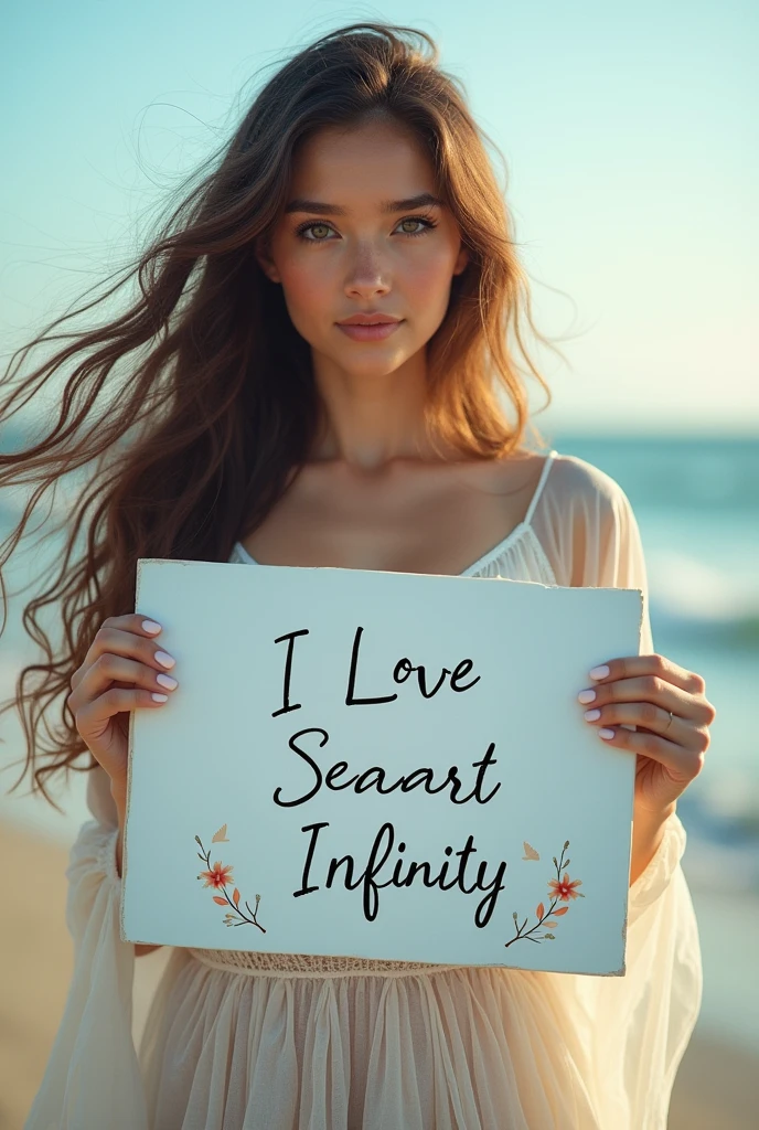 Beautiful girl with wavy long hair, bohemian dress, holding a white board with text "I Love Seaart Infinity" and showing it to the viewer