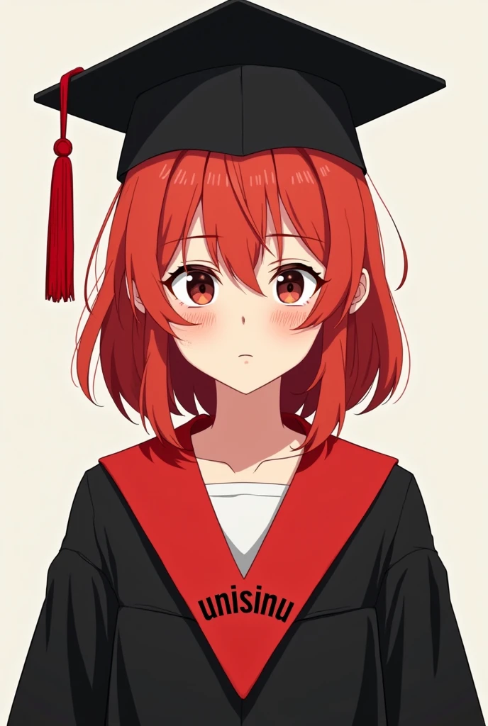 I want the kwai style image of a girl in a black toga, the black graduation cap, the red tassel and the red v-style collar, and that on the collar it says unisinu, The girl is white, red-haired and freckled.,