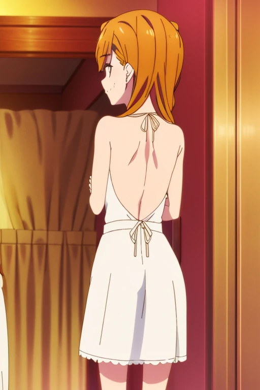 1girl, souryuu asuka langley, (low back dress, backless cami dress), narrow hips, formal party, mischievous look, garter, small frame, jewelry