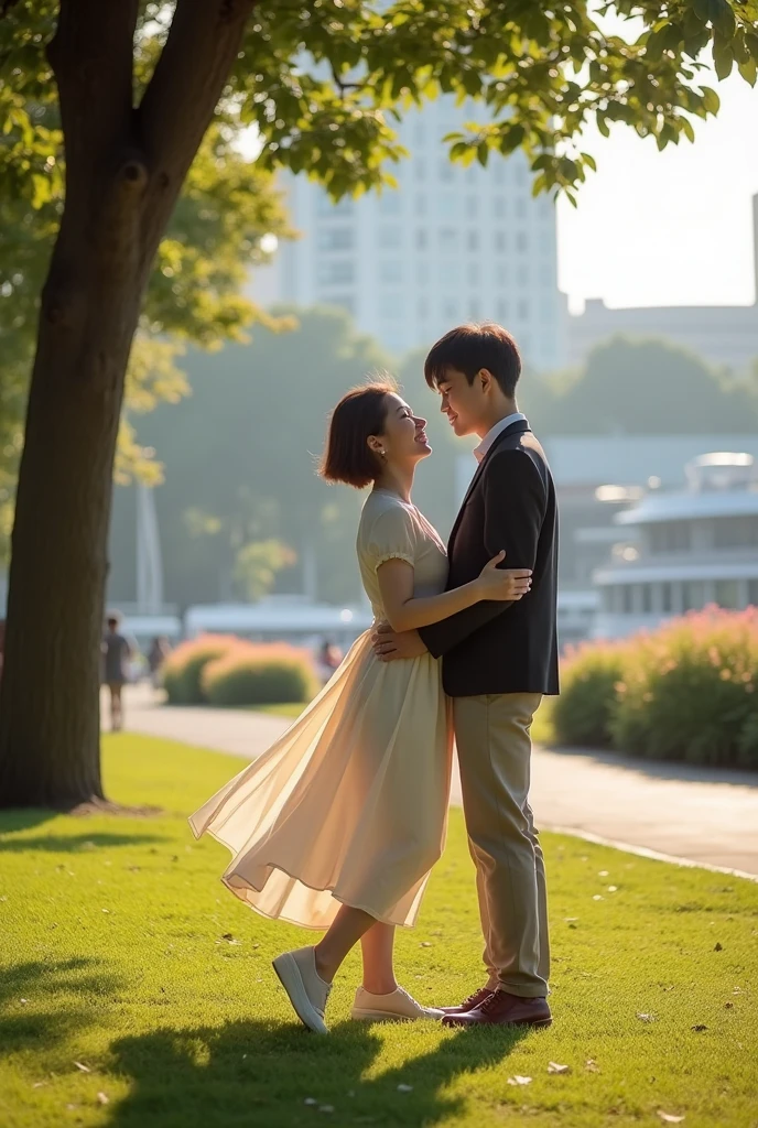 To capture the spirit of the image you've shared but set in Yamashita Park, I'll focus on these key elements:
Natural and Intimate Poses: moving together with lively, expressive body language. The background features the iconic elements of Yamashita Park: the serene waterfront with views of Yokohama Bay, the historic Marine Tower rising in the distance, and the vibrant flower beds filled with seasonal blooms. Tall, lush trees line the pathways, with sunlight filtering through the leaves, casting dappled light and shadows. The park's well-maintained lawns and beautifully arranged flower gardens add a touch of natural beauty to the scene, while the nearby harbor with its gentle waves and anchored ships provides a cinematic backdrop. The overall atmosphere is one of romance and enchantment, blending the beauty of nature with the warmth of their connection.The couple will be standing close, with a similar gentle connection and warm expressions, as they share a quiet, intimate moment together. Full body
Casual yet Elegant Fashion: The couple will wear stylish, modern attire with a relaxed feel—perhaps the woman in a light, flowy dress and the man in a casual jacket and trousers, reflecting both comfort and sophistication.
Soft, Golden Lighting: The scene will feature warm, golden hour lighting, soft sunlight, casting a romantic glow over the couple and the surroundings.
Yamashita Park Setting: The background will include iconic features of Yamashita Park, such as the waterfront with views of Yokohama Bay, lush greenery, blooming flower beds, and perhaps a glimpse of the Marine Tower. The park’s natural beauty will enhance the peaceful and romantic atmosphere. The first person in the photo, a woman, has:
Hair: Short, dark hair that is straight and neatly styled just above the shoulders.
Face Shape: A smooth, slightly rounded face with soft features.
Eyes: Medium-sized eyes with a calm, neutral expression.
Complexion: A fair complexion with a natural, slightly rosy tone