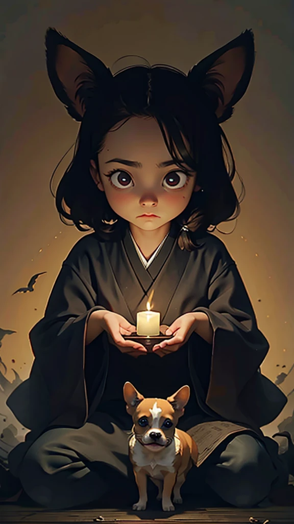 (masterpiece: 1.2, Highest quality),Chihuahua sitting on a Ouija board,Dog with a Ouija board、Japanese painting, rough sketch, Horror elements,