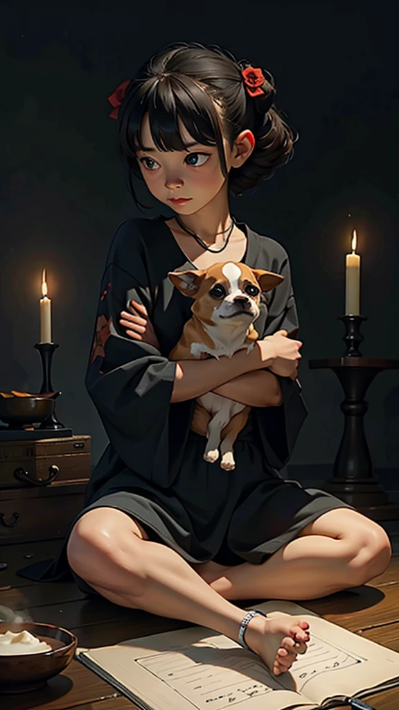 (masterpiece: 1.2, Highest quality),Chihuahua sitting on a Ouija board,Dog with a Ouija board、Japanese painting, rough sketch, Horror elements,
