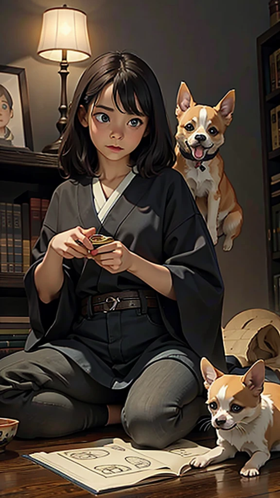 (masterpiece: 1.2, Highest quality),Chihuahua sitting on a Ouija board,Dog with a Ouija board、Japanese painting, rough sketch, Horror elements,
