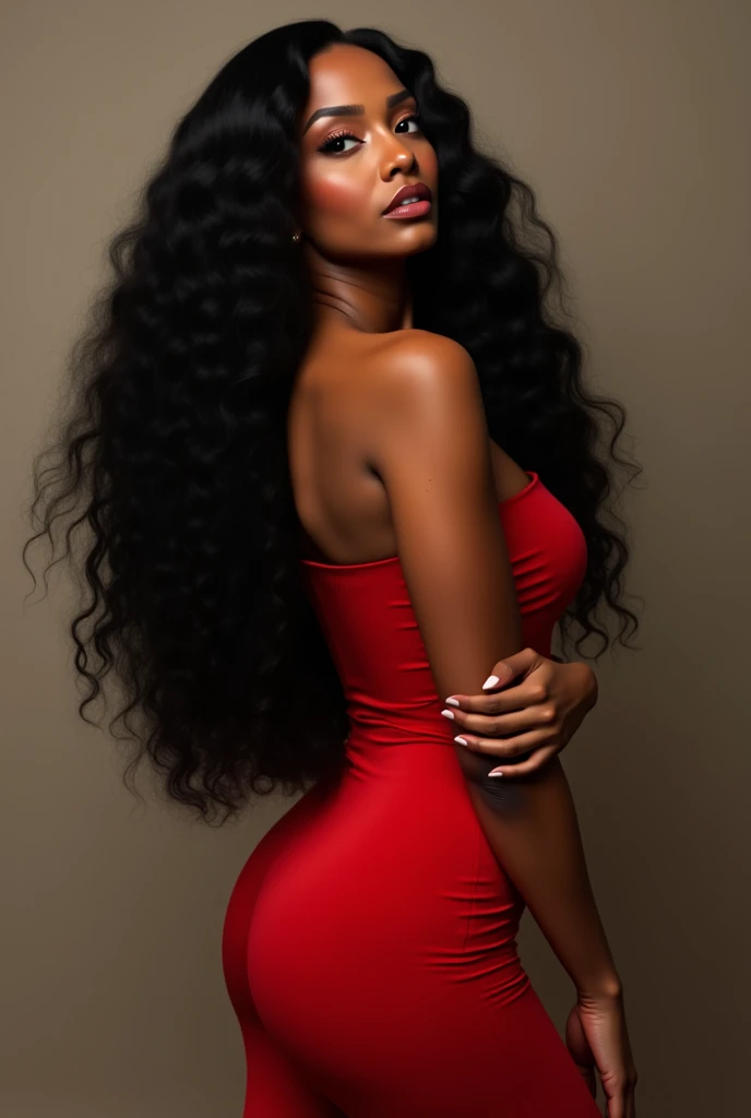 She is a woman with brown skin and long black 3b wavy hair., she had her face tilted up and she was wearing a tight but long red dress