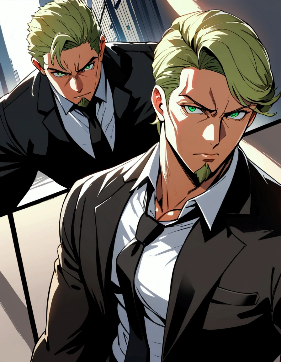 1man, man in black, vigorous mature, business hair with asymmetrical bangs, goatee, green platina blond hair, emerald eyes, BREAK 45yo, charming caucasian, slightly long chiseled face, deep set, angular jaw, facial wrinkles, crewcut, BREAK ideal ratio body proportions, middle weight muscular, beautiful detailed eyes, dark hero, BREAK solo, funeral black suit, black necktie, white shirt, at wall street, detailed background, serious, cool expression, natural standing, BREAK upperlegs, dramatic expression, in persona style, masculine comic art, 2010s, retro visual novel, in newest eroge style, dutch angle, cinematic shadows, cinematic lighting, lens flare, light leaks, texture, absurdres absolutely resolution, extreme all detailed, BREAK masterpiece, best quality