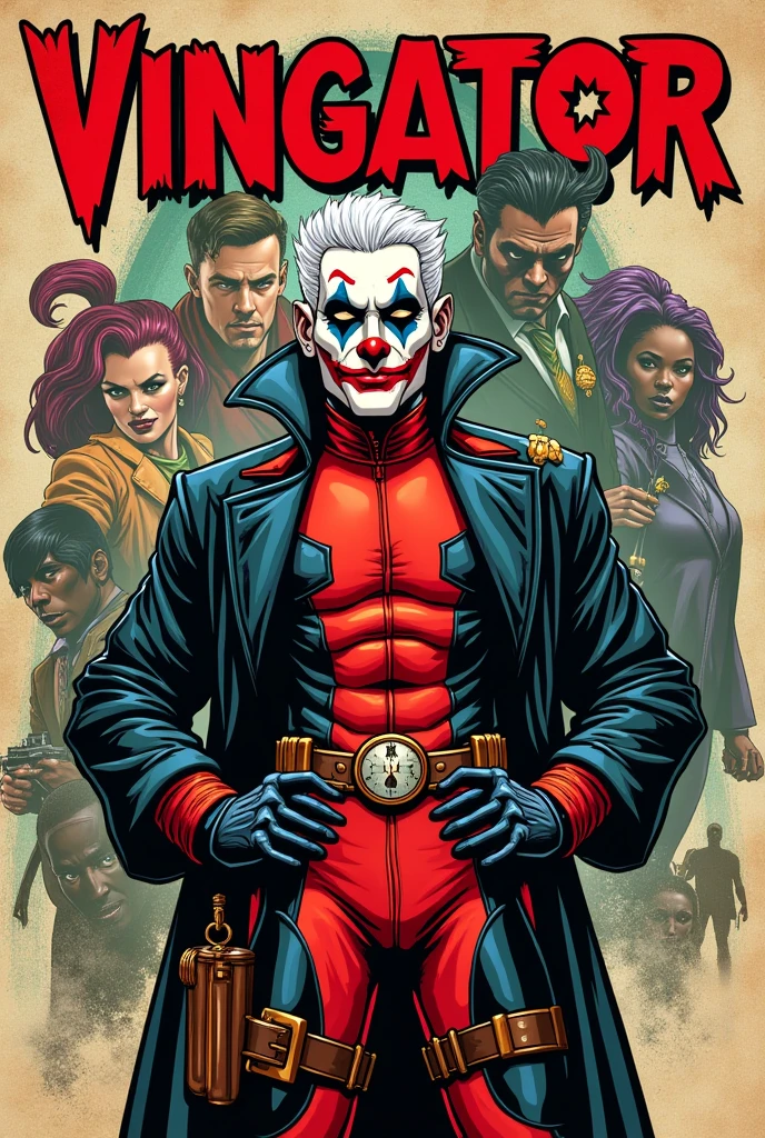 Old style marvel comic book cover ,with a character with clothes deadpool jumpsuit joker jacket face with clown makeup white hair, with title of "vingator"