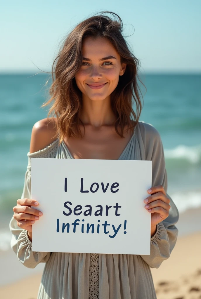 Beautiful girl with wavy long hair, bohemian dress, holding a white board with text "I Love Seaart Infinity" and showing it to the viewer