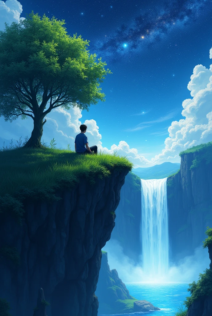 

A man character, sitting on the peak of a cliff with very green grass, a tree behind him, beside him there is a waterfall that falls infinitely, a cerene sky with bright stars, illumination of the galaxy's bright cosmos, vibrant and strong scene colors, Wallpaper viral anime in 4K quality, digital style