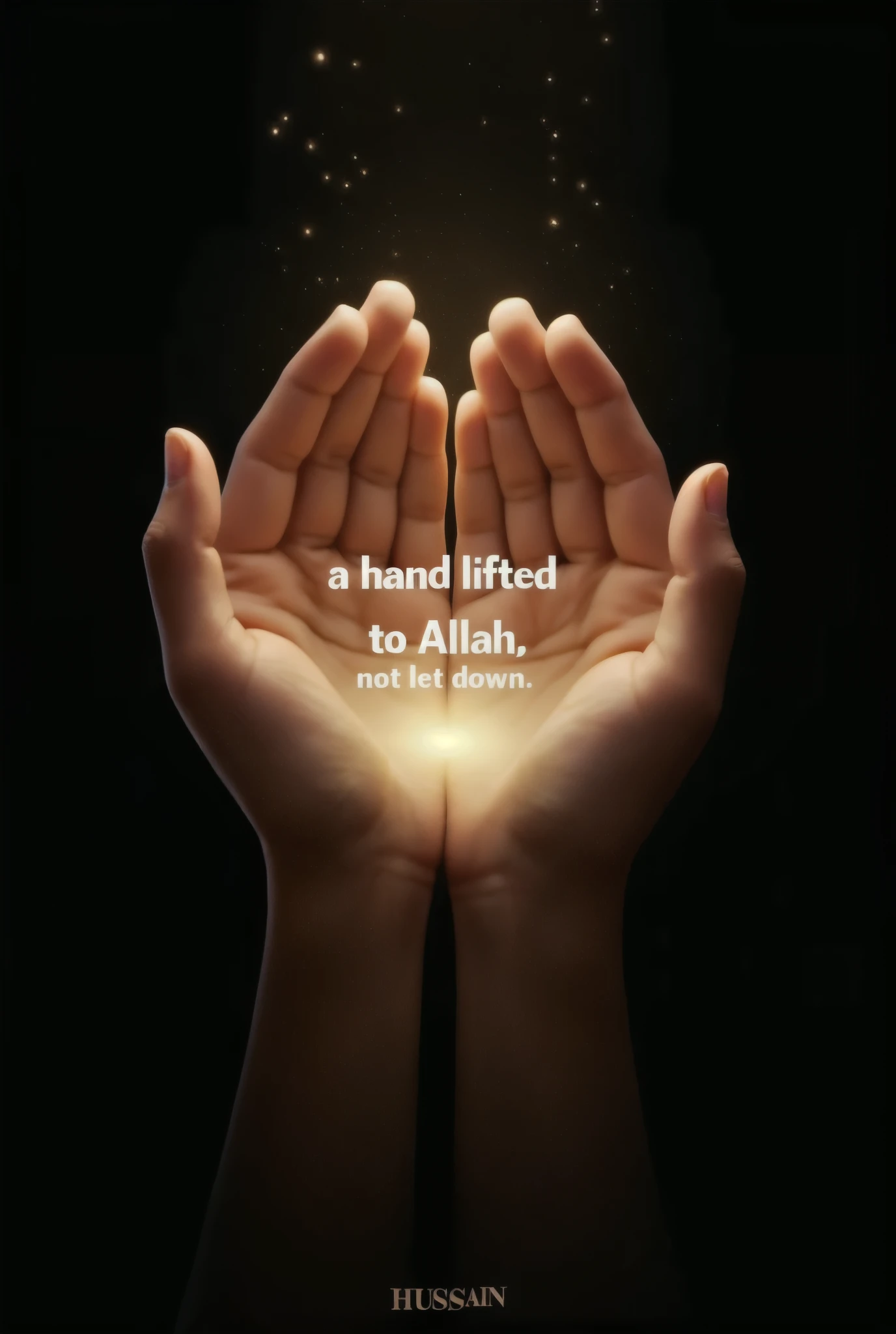 Make ha d like who want dua but hand Closed like a dome and inside the hands brightness like rayss and write  below the both thumb horizontally 
👇" a hand lefted to Allah not let down.
Make the background black in write in right corner HUSSAIN.make it tow hands

