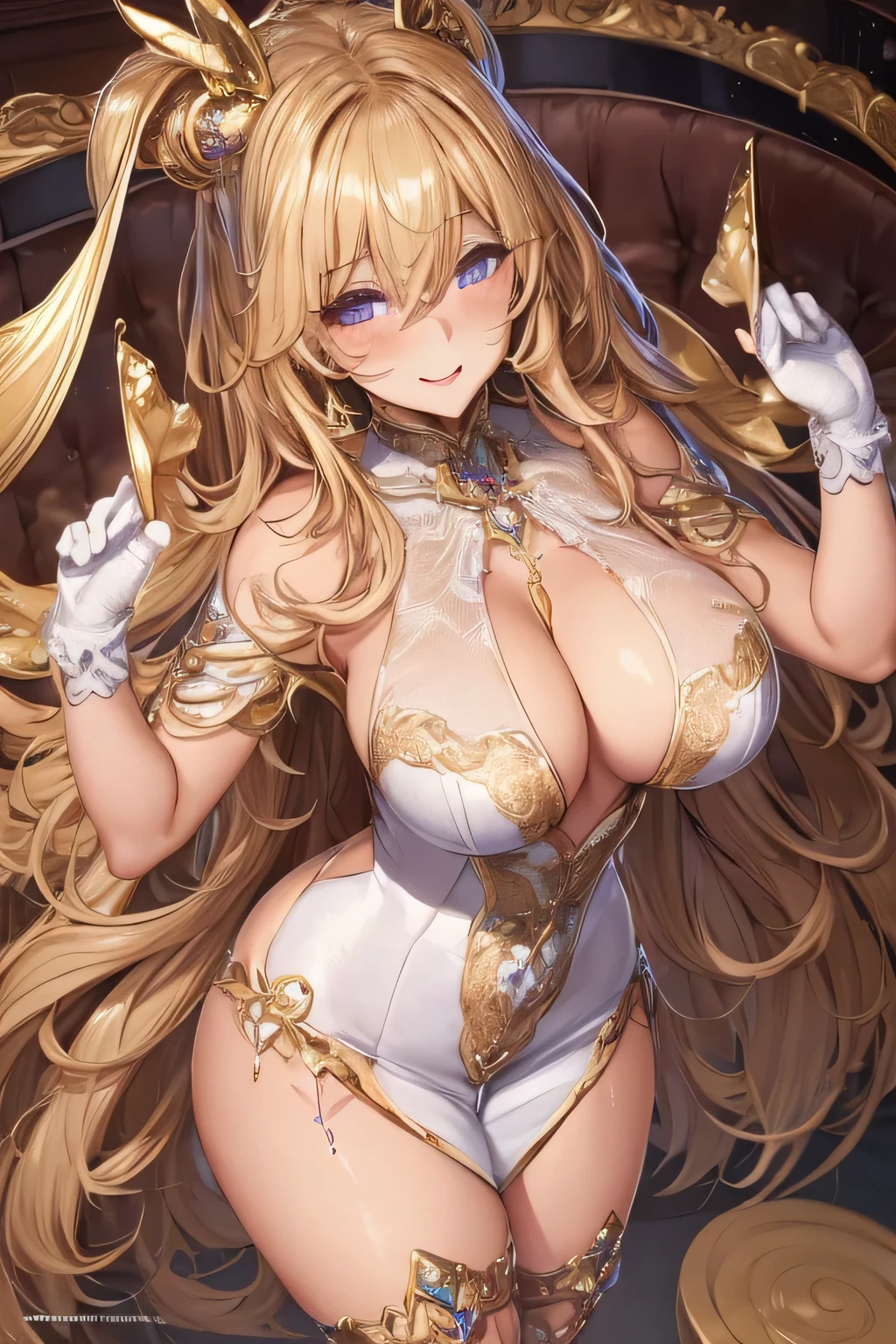 A stunning female anthropomorphic banana standing confidently in the center, her curvaceous figure and fit physique accentuated by a form-fitting, alluring dress that shimmers with a soft, metallic sheen. The dress hugs her body, revealing her thick, toned thighs and flares out just enough to give a hint of the elegance it holds. Her skin is a vibrant yellow, dotted with small, charming freckles that dance across her face and neck, and her eyes sparkle with a smug, happy expression that draws the viewer in. Her voluminous, curly hair cascades down her back, a rich brown color that contrasts beautifully with her yellow complexion. The dress features a plunging neckline that showcases her ample, round breasts, and cinches at the waist, highlighting her hourglass shape. She stands tall on a pair of sleek, high heels that elongate her legs and add an air of sophistication to her overall look. The background is a simple yet striking shade of violet, which serves to make her the uncontested focal point of the scene. Her gaze is directed straight at the viewer, as if daring them to look away from her mesmerizing beauty. With a playful smile and a wink, she holds a pose that exudes confidence and charm, inviting the audience to appreciate her captivating presence.