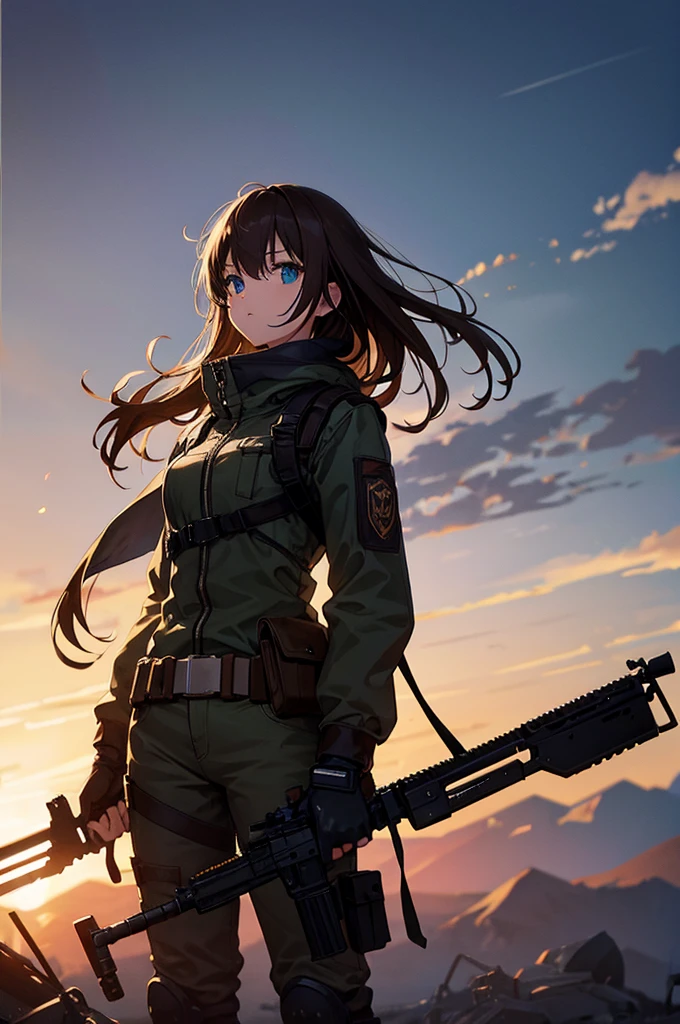 In the spotlight,  holding_gun, assault_rifle, Very detailed, Brown Hair, Long Hair, Anime Style, whole body, alone, Stylish Gunfighter Girl, Holding a steampunk long barrel pistol,Standing in the wasteland, 8K high resolution, White Background, The background is a dark and desolate landscape, Horror movie atmosphere. Her figure is very beautiful, Emphasizing the dark and crazy elements. Skillfully expressing the effects of light and shadow, Anime girl with gun and rifle standing in front of a building, from Girls&#39; Frontline, mechanized Soldier Girl, Girls&#39; Frontline style, Girls&#39; Frontline cg, Soldier Girl, The finer details. Girls&#39; Frontline, Infantry Girl, Amazing anime 8k, Girls&#39; Frontline, Girls&#39; Frontline universe, Female host