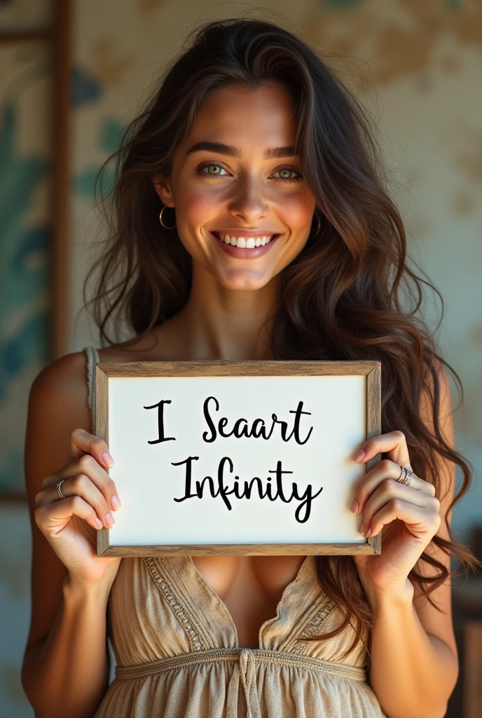 Beautiful girl with wavy long hair, bohemian dress, holding a white board with text "I Love Seaart Infinity" and showing it to the viewer