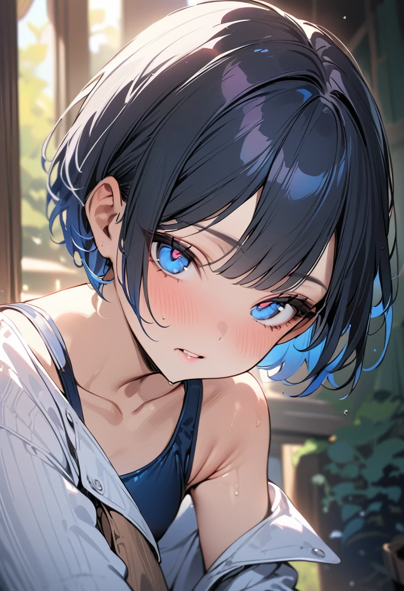 (masterpiece, best quality:1.5), (high resolution 8K), detailed eyes and face, detailed body, 
BREAK (extra short hair:2.0), blunt bangs, black hair, (inner blue color hair:1.2), blue eyes, , flat chest,  
BREAK delicious semen, nsfw, 
BREAK school swimsuit, 
