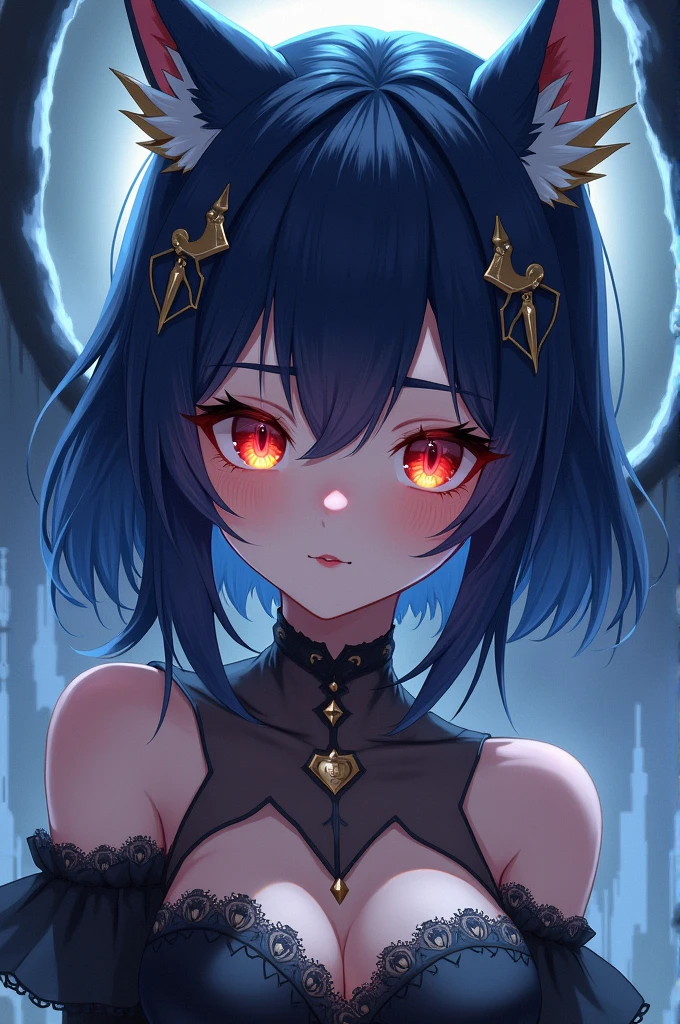 An anime female character with two-toned eyes, red and yellow, dark blue hair with 2 wings on head
