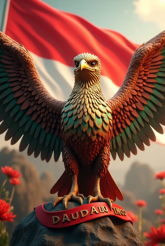 The Garuda bird has beautiful wings and behind it is the Indonesian red and white flag and carries a ribbon with the name KUDUS written on it while sitting with the beautiful colors of the Garuda bird.,3D