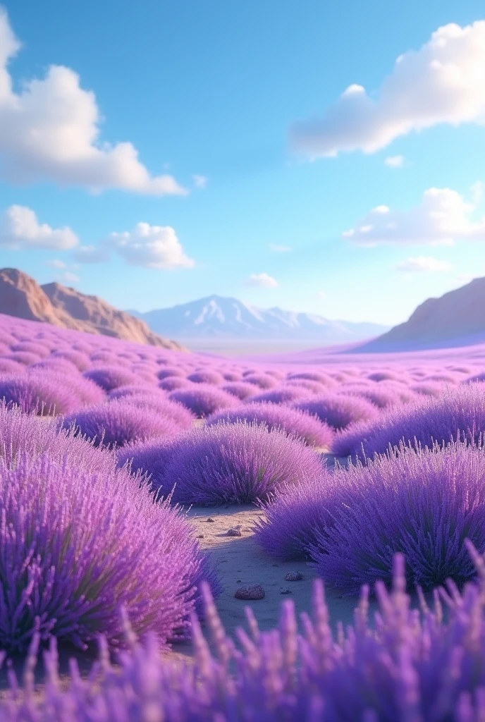 Land of lavender grass. In desert. Large area. Infinity view. No mountains. Pixar style. Disney style in 3D animation.