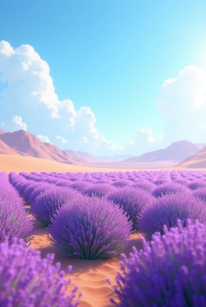 Land of lavender grass. In desert. Large area. Infinity view. No mountains. Pixar style. Disney style in 3D animation.