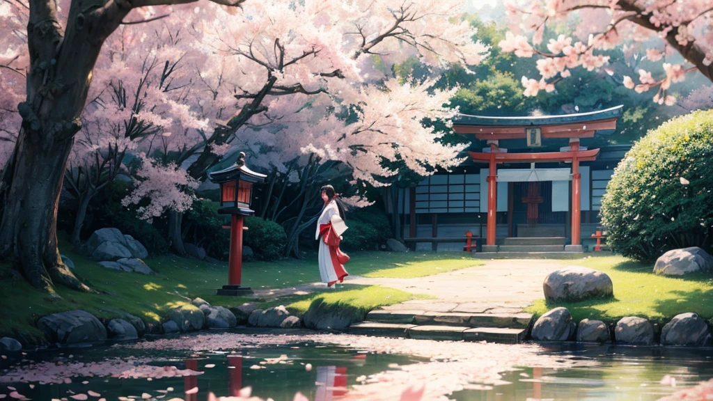 masterpiece, Highest quality, ultra-detaileded, figure, alone, extremely cute, Teen, Outdoor, morning, Japanese Shrines, Shrine maiden, Shrine maiden服, White Chihaya, (red long hakama:1.2), (Cherry Blossom:1.3), Cherry Blossom hair accessory, Black Hair, Long Hair, walk, nature, Mountain, beauty, cute, Red Torii Gate, sunny, relax, comfortable, Global warming, (Spring flower:1.1), smile, Fantasy, imagine上の, Mythologically, Shadows, Shiny, dynamic, alive, landscape, peaceful, Calm, quiet, quiet, Intuition, Adaptability, creativity, imagine, Artistry, Inspiration, sense of awe, wonder, grateful, grateful, fun, Mindfulness, consciousness, connection, Harmony, balance, texture, detailed, realism, depth, perspective, composition, color, Light, Shadow, reflection, refraction, tone, Contrast, prospect, Middle Way, background, nature主義的な, Figurative, Expressive, Impressionist, Expressionistic, Abstract, Innovative, Experimental, Individuality,