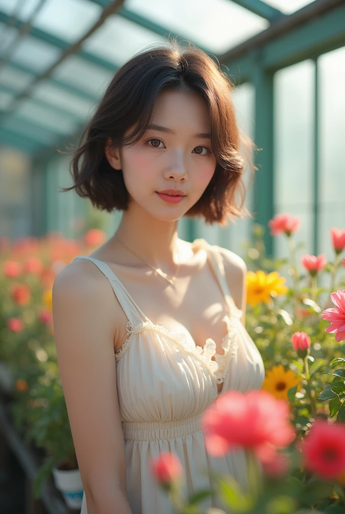Very delicate and beautiful, wonderful, In detail, masterpiece, Very detailed, High resolution,Best shot, Best Shadow,Complex,Sharp focus, high quality, Japanese female 1 person, alone.cute,Fuka Koshiba,Yuki Sakurai, Glass greenhouse, Potted flowers, Flowers for sale, Woman looking at flowers, Flowers are blooming everywhere, Lens flare,Sleeveless,Beautiful breasts,butterfly,Cool eyes,Glossy lips,smile,Glossy skin,Transparent skin,From below,From the waist up、Front blur、OM-D E-M1 Mark III,M.ZUIKO DIGITAL ED 17mm F1.2 PRO,F2.8