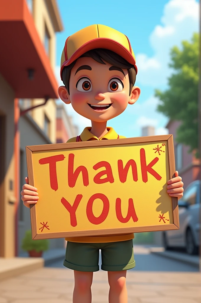 Delivery boy showing thank you board 