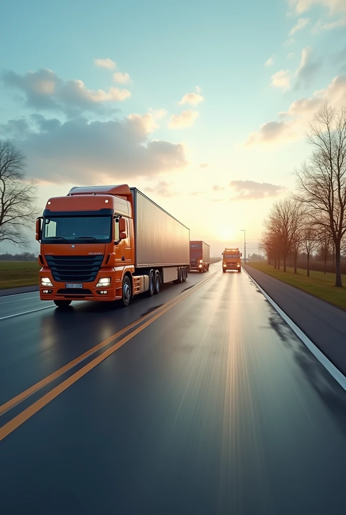 Hyper realistic image of outdoors background with logistics trucks, vehicles and shipment