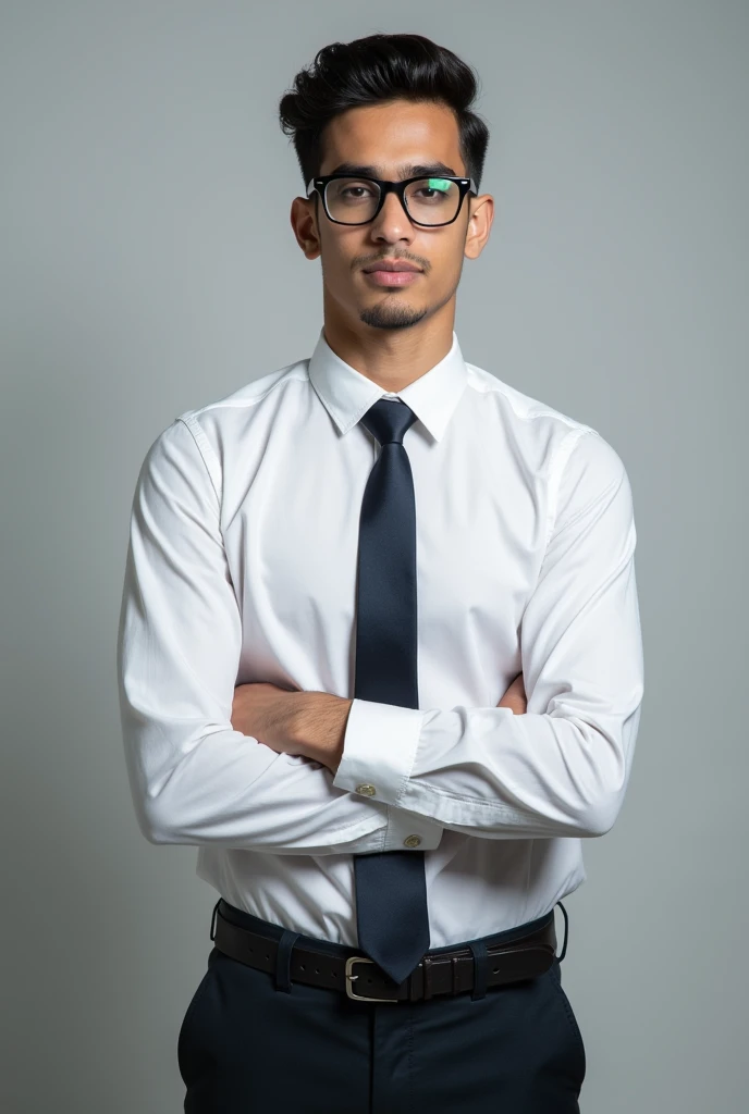 21 year old indian boy With fair skin Wearing spectetacles and narrow body Posing for a LinekdIn picture in formals