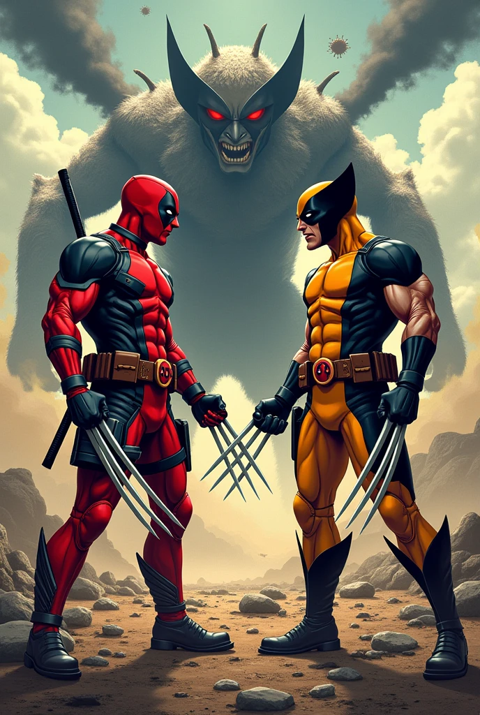 Deadpoll next to wolverine with condoms fighting against the hiv virus On a battlefield