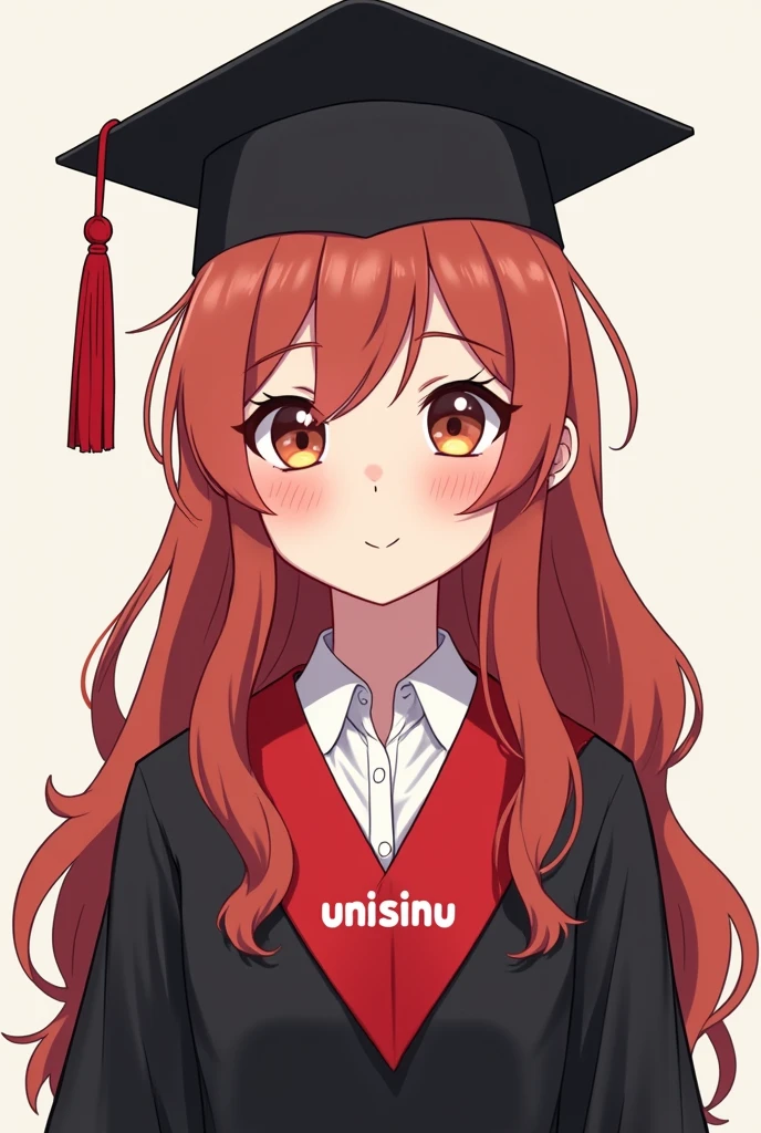 I want the kwai style image of a girl in a black toga, the black graduation cap, the red tassel and the red v-style collar, and that on the collar it says unisinu, The girl is white with long reddish hair and waves, with freckles on the face
