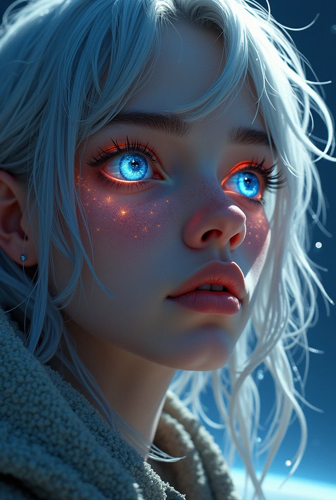 (Close-up of a better masterpiece:1.5)0.9], (Space and astronauts:1.2) (Messy silver hair:1.1) (Heterochromia xanthochromia and blue eyes:1.2) (Space Helmet:1.0) (Colored stars in the eyes:1.0) (A radiant glow:1.1) (thick lips:0.9)