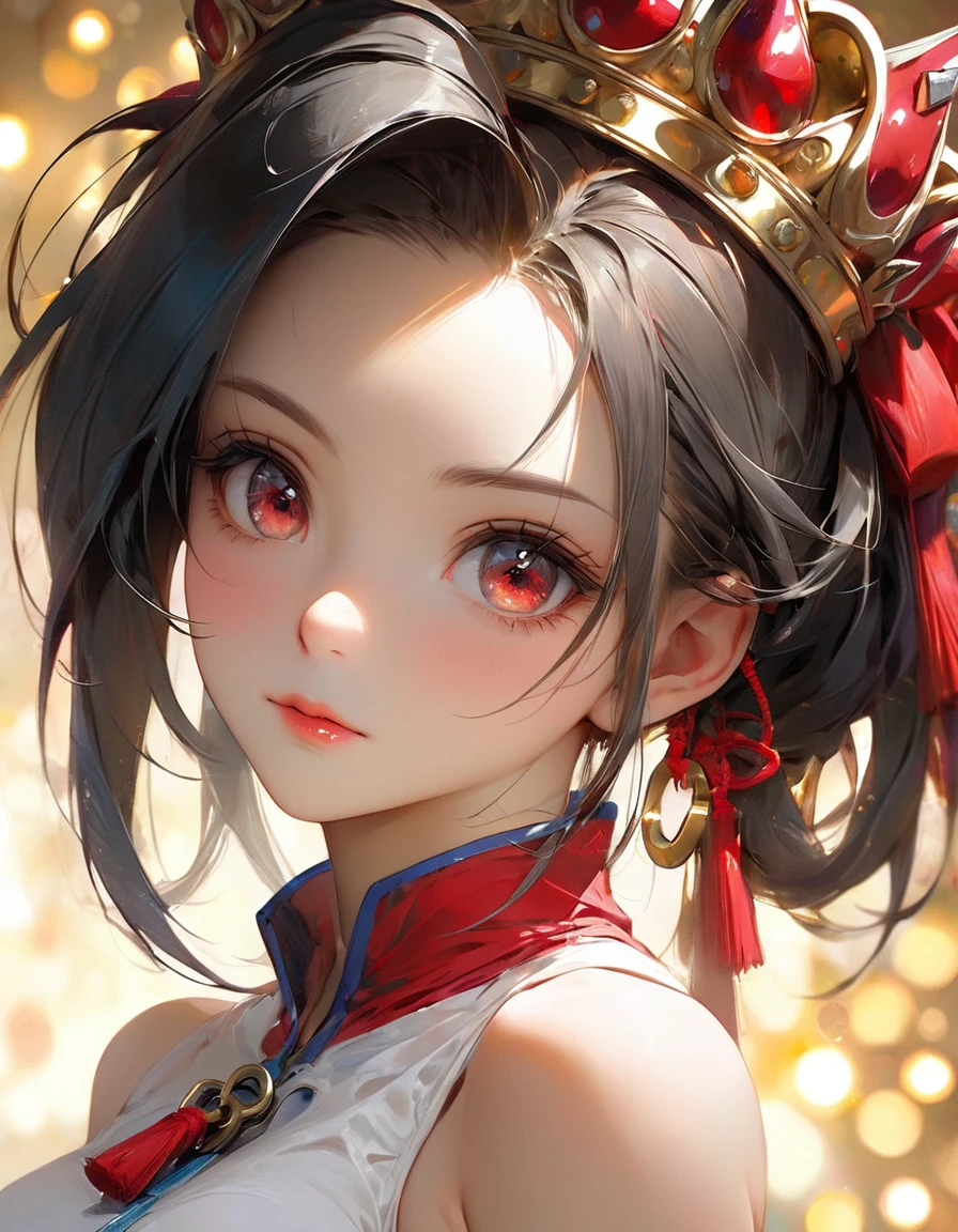 concept art by Pino Daeni, Jeremy Mann, Greg Rutkowski, Konstantin Razumov, Vladimir Volegov Realistic closeup portrait of a model 4k beautiful vegeta sexy soft ONLY YRED eyes black and gold spirit, red threads, key light reflected in the eyes, red crown on the head, painted background, studio portrait, soft light, bezel lighting, shimmer in the eyes, bokeh background, picturesque, buff painting, (detailed faces:1. 3), (Detailed Eyes:1.3 8K,