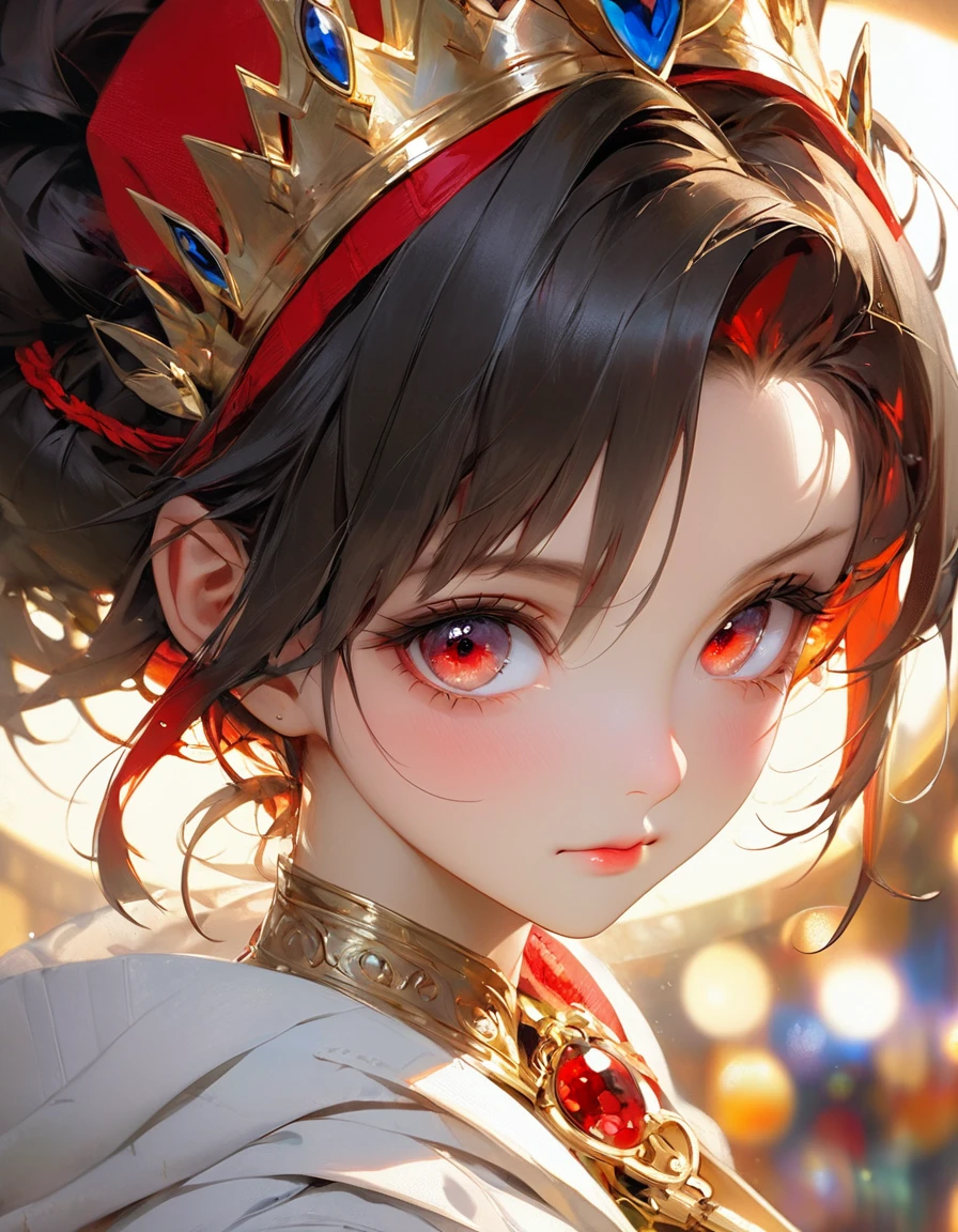 concept art by Pino Daeni, Jeremy Mann, Greg Rutkowski, Konstantin Razumov, Vladimir Volegov Realistic closeup portrait of a model 4k beautiful vegeta sexy soft ONLY YRED eyes black and gold spirit, red threads, key light reflected in the eyes, red crown on the head, painted background, studio portrait, soft light, bezel lighting, shimmer in the eyes, bokeh background, picturesque, buff painting, (detailed faces:1. 3), (Detailed Eyes:1.3 8K,