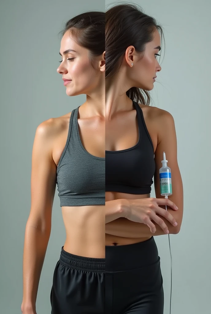 Split image of healthy full body sports woman on one side and sick woman receiving intravenous medicine in arm on other side