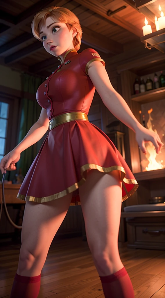 Photo of Anna of Arendelle,wearing a sexy fireman suit, short fireman skirt, red tights with garter, putting out a fire, from behind,   Nice, show breasts, huge breasts, tall, sexy legs, bursting huge breasts, wide hips, busty, sexy, enormous breasts