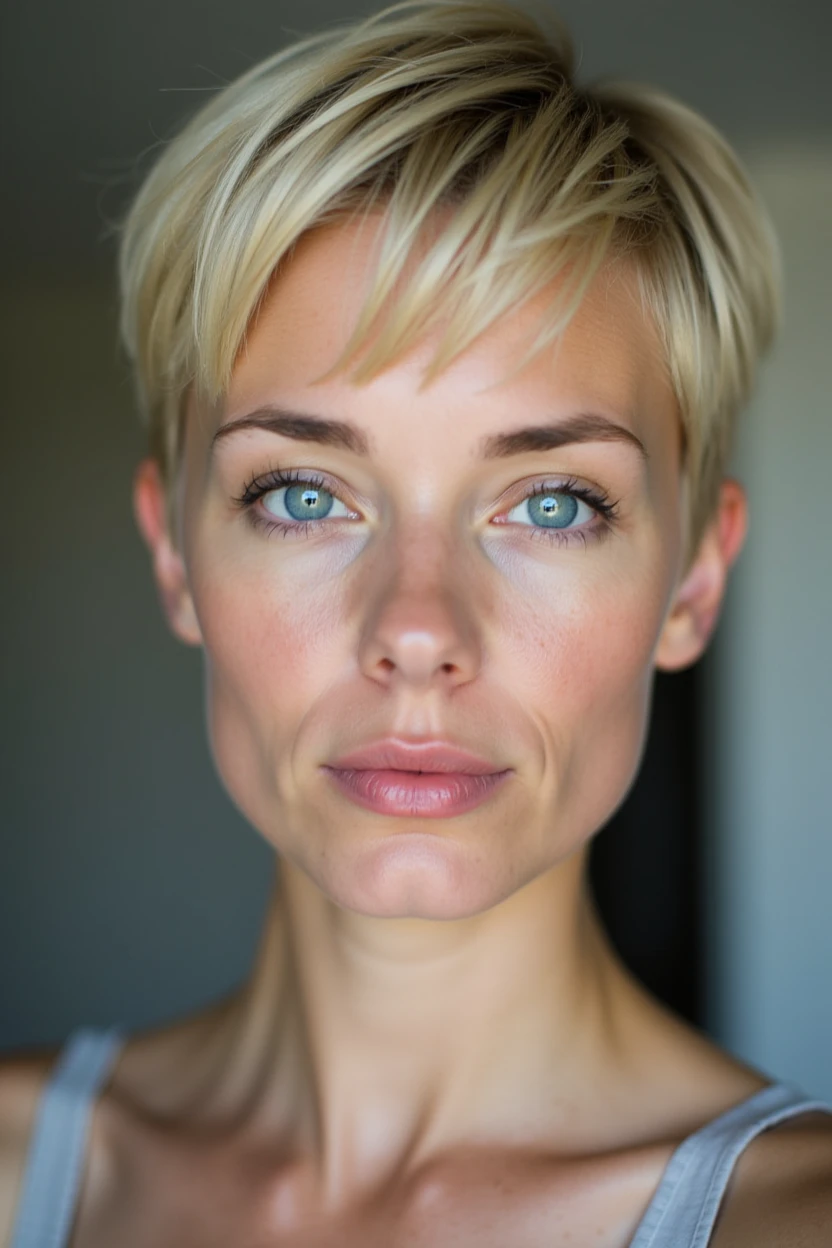 A 24-year-old Caucasian woman with short, blonde pixie cut, fair skin, light blue eyes