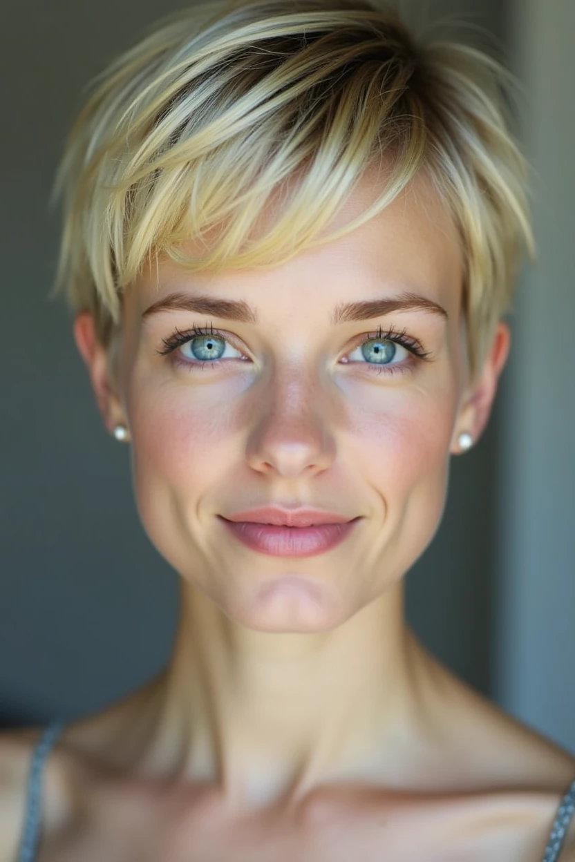 A 24-year-old Caucasian woman with short, blonde pixie cut, fair skin, light blue eyes