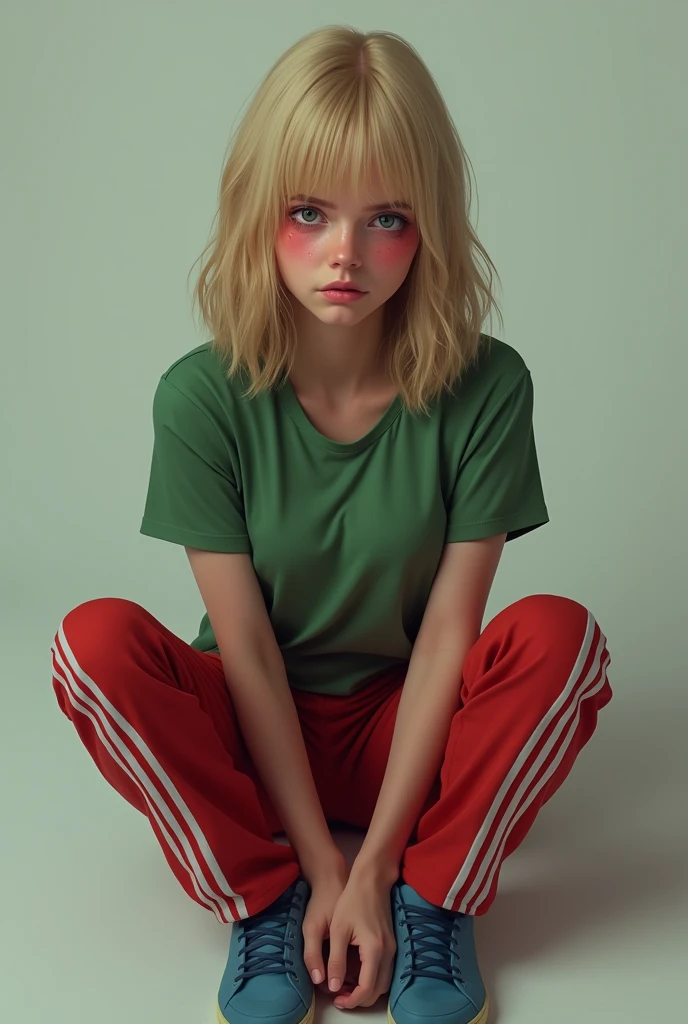 Red pants adidas, green shirt, blue shoes, blonde hair, cute pretty, crying women